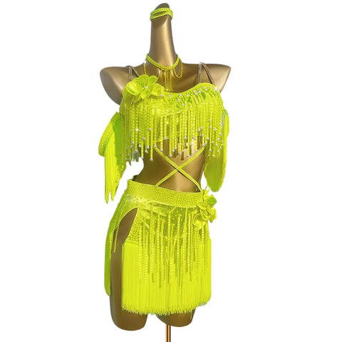 Custom Size Neon Yellow Bling Fringe Competition Latin Dance Dresses for Women Girls Kids Salsa Rumba Chacha Jive Dancing Costumes for Female
