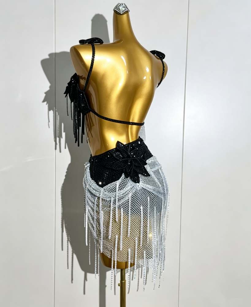 Custom Asymmetric Silver Net Competition Professional Latin  Dress - Chic Salsa Cha Cha Dancewear