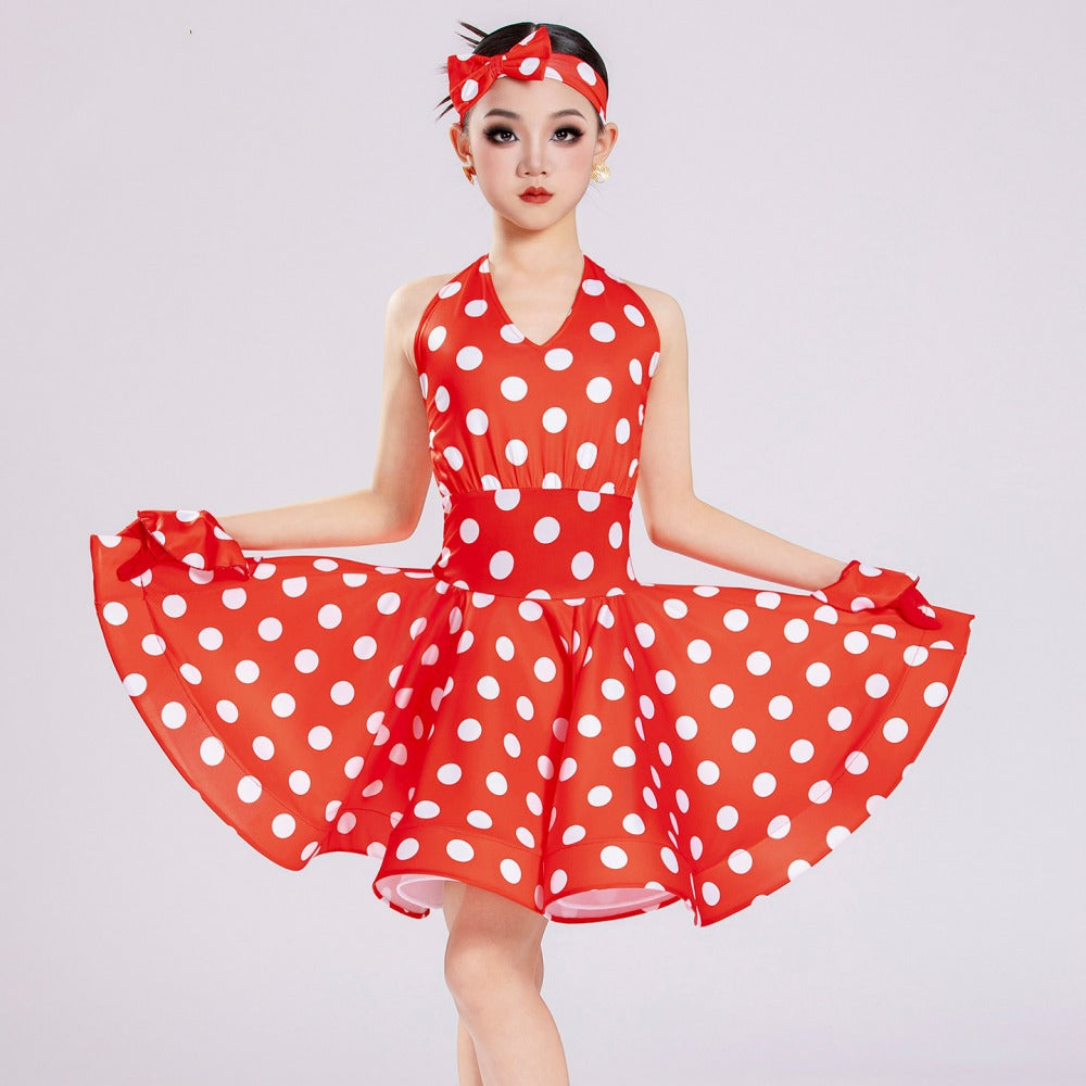 Blue & Red Polka Dot Latin Dance Dress for Girls - Professional Ballroom Performance Outfit
