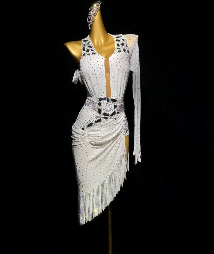 Custom Size White Fuchsia Bling Competition Latin Dance Dress Salsa Chacha Blackpool Dance Wear