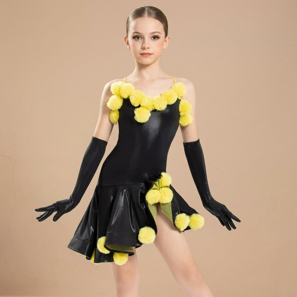 Girls Latin Dance Dress - Black & Yellow Pom Pom Competition Costume