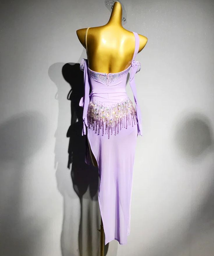 Custom Lavender Fringe Long Latin Dress with Crystals Salsa Chacha Ballroom Costume