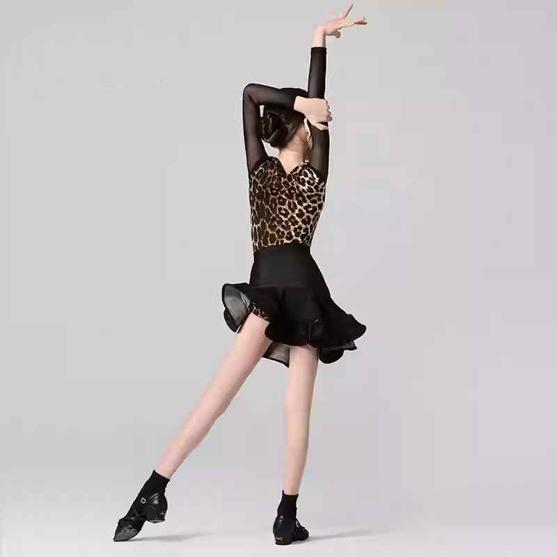 Leopard Print Latin Dance Dresses for Kids Girls Salsa Rumba Chacha Modern Dance Swing Skirt Stage Performance Outfits - Moderndancedress.com