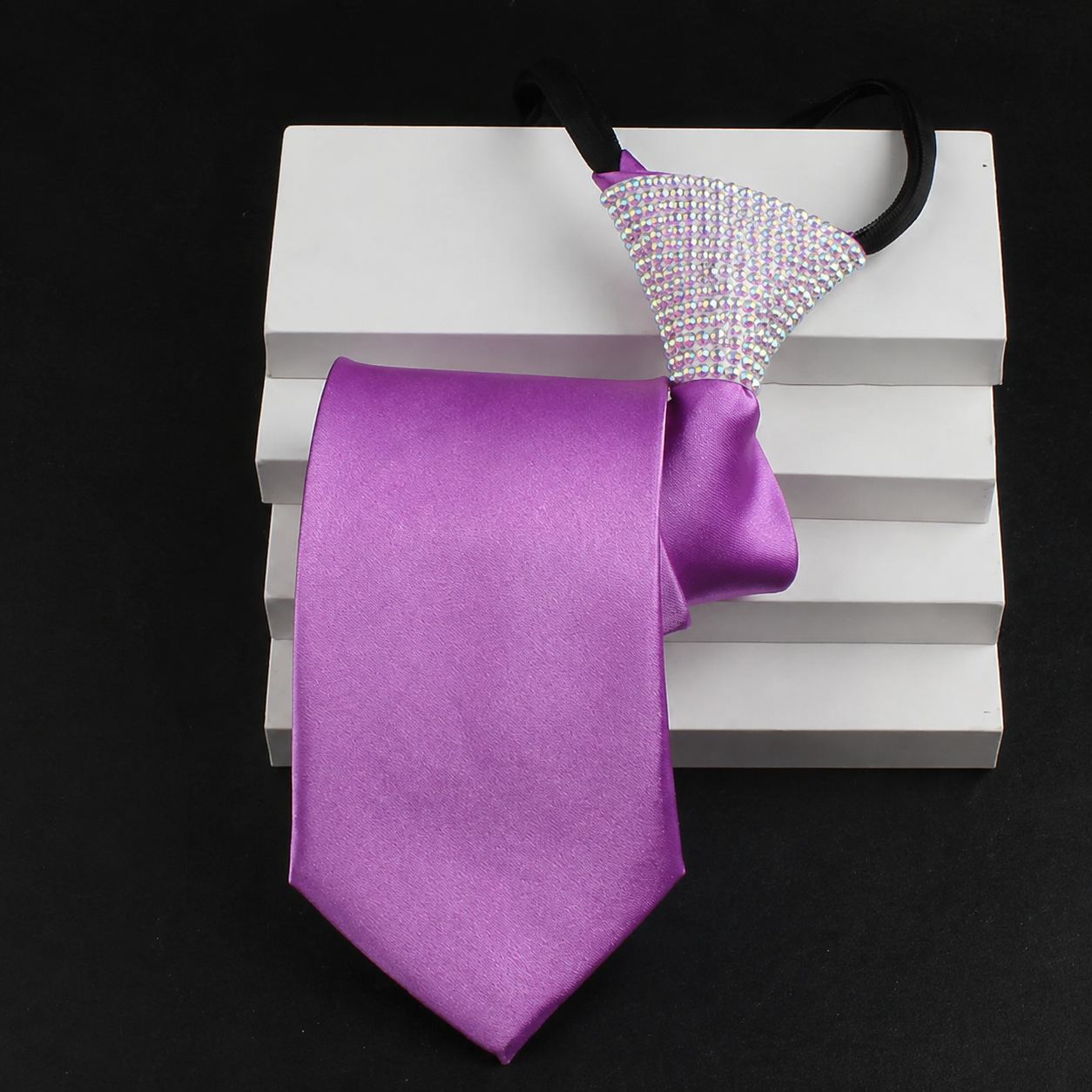 Crystallized Rhinestone Ballroom Dance Tie - Adjustable Men's Zipper Necktie