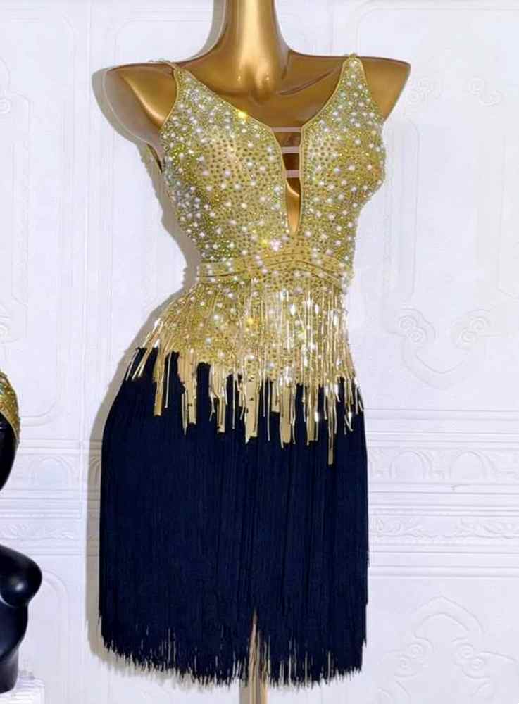 Custom Size Gold Fringe Latin Dance Dress Backless Salsa Latin Performance Clothing