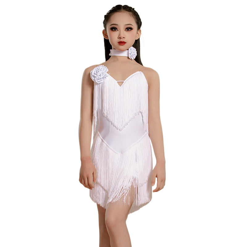 Navy Fringe Latin Dance Dresses for Girls Kids Coffee White Salsa Rumba Chacha Ballroom Performance Costumes - Moderndancedress.com