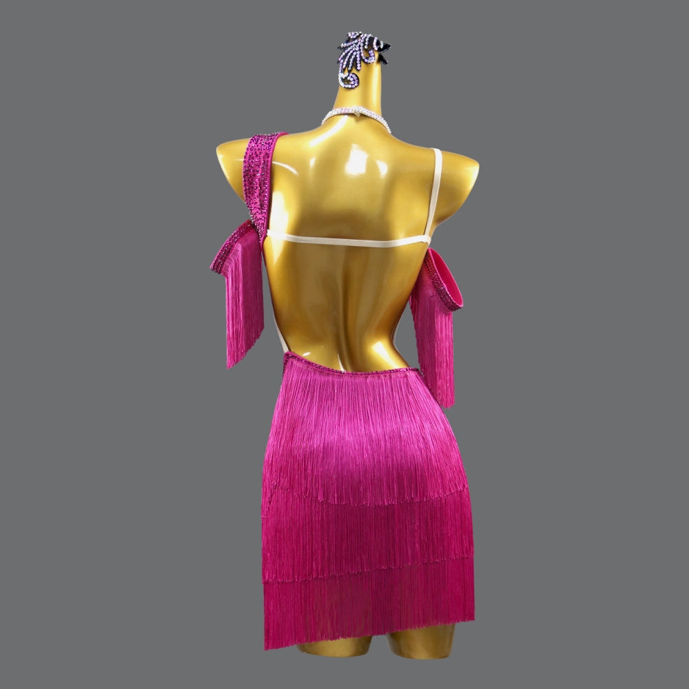 Hot Pink Fringe Latin Dance Dress - Professional Tassel Competition Wear