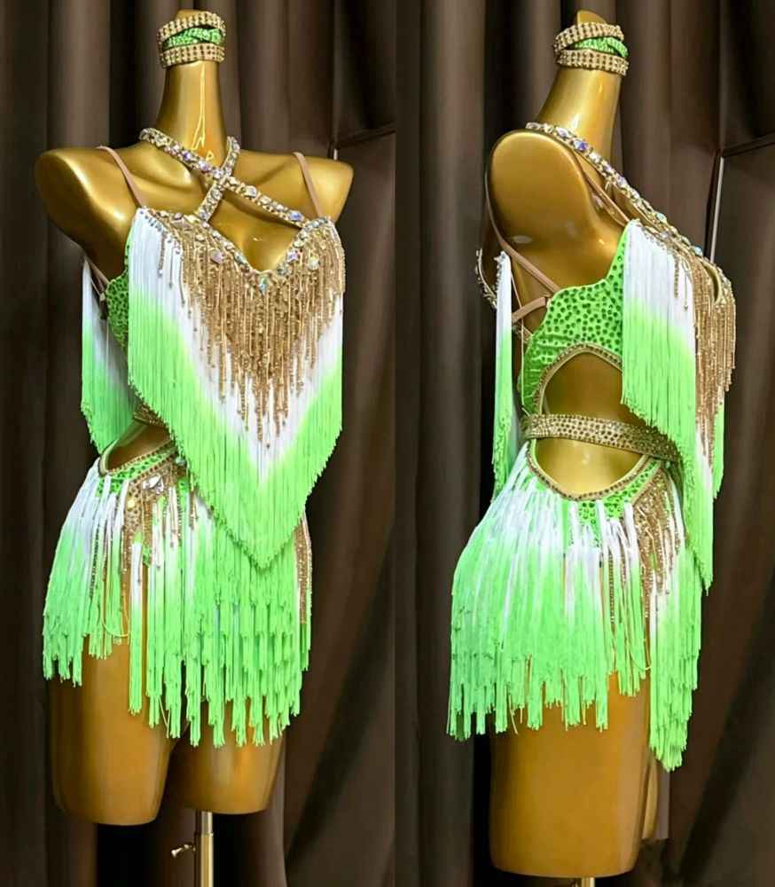 Custom Size Green with Gold Bling Fringe Competition Latin Dance Dress for Women Girls Salsa Chacha Blackpool Dance Wear