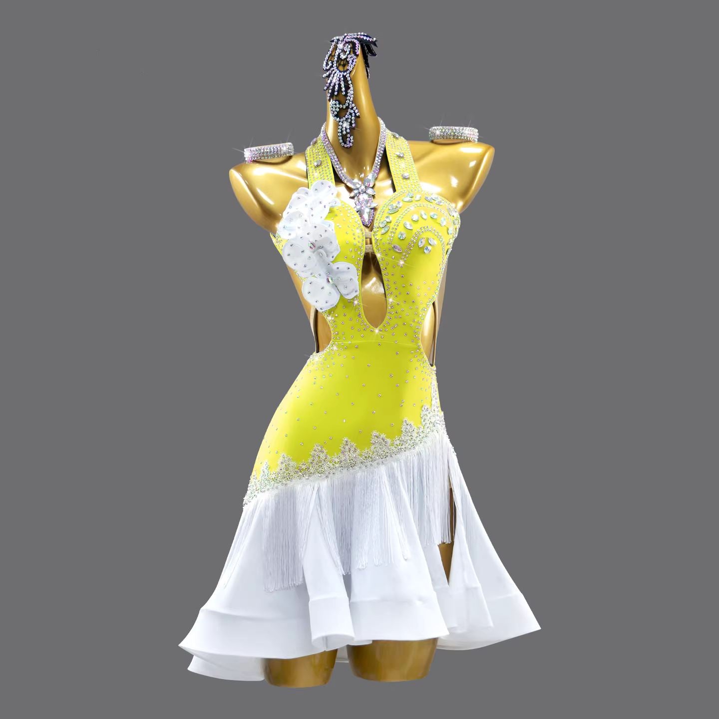 Custom Size Yellow Latin Dance Dress Inclined Fringe Hem Salsa Chacha Performance Clothes