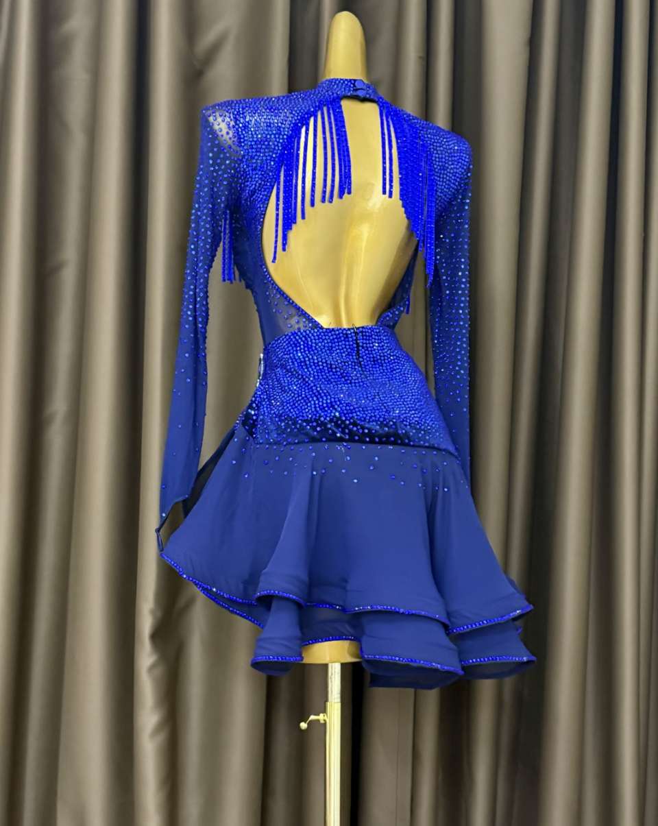 Custom Royal Blue Latin Dance Dress - Full Rhinestone Long Sleeve Salsa Dance Gown