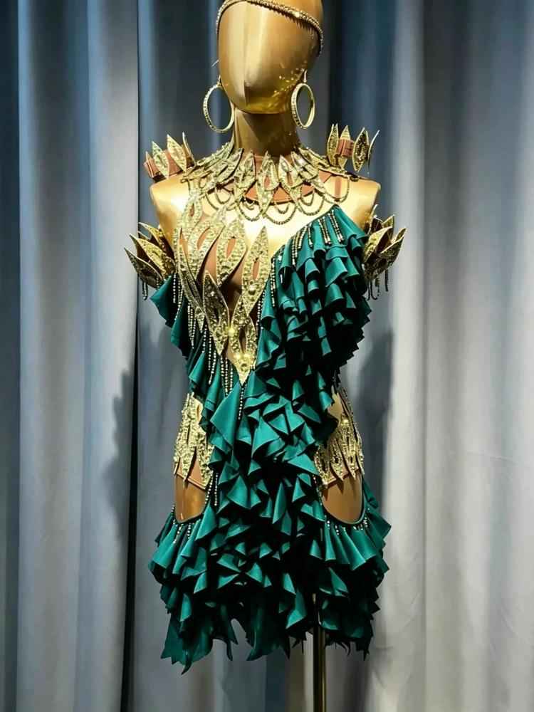 Custom Black & Gold Latin Dance Dress - Rhinestone Rhythm Competition Gown