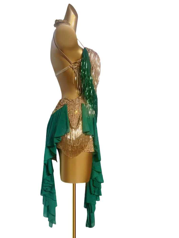 Custom Size Leopard Dark Green Competition Latin Dance Dresses Salsa Rumba Blackpool Dance Costumes
