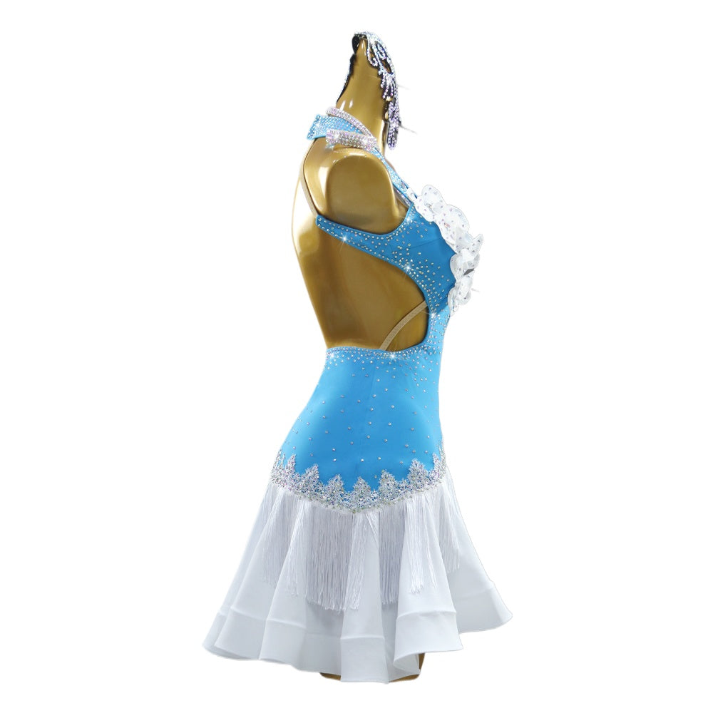Blue White Fringe Latin Dance Dresses for Women Girls Salsa Rumba Chacha Flower Suit Blackpool Regulation Sexy Dance Costumes