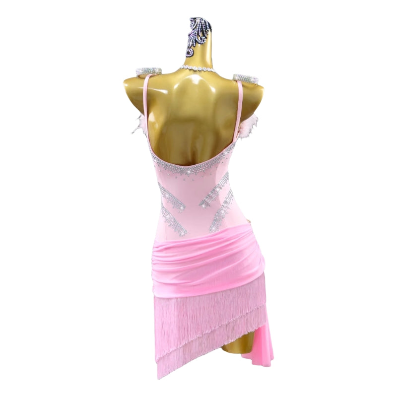 Pink Feather Fringe Latin Dance Dress for Women Girls Kids Latin Salsa Chacha Rumba Competition Performance Costume - Moderndancedress.com