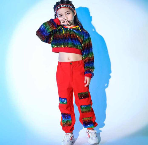 Girls Rainbow Sequins Jazz Dance Costume Hip Hop Street Dance Outfits Rapper Singers Gogo Dancers Drum Set for Kids - Moderndancedress.com