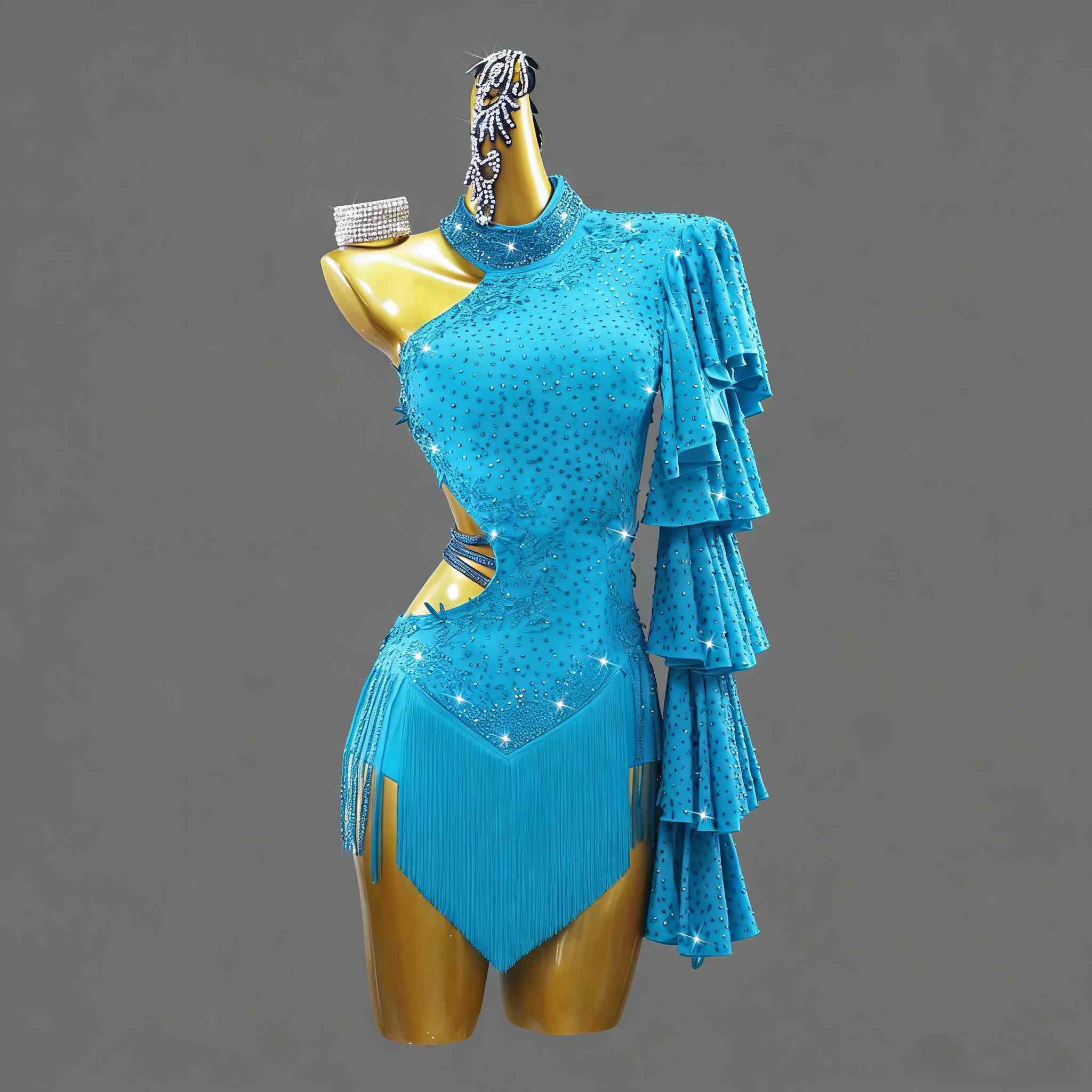 Custom Size Women's Latin Dance Dresses Slant Neck Ruffles Sleeves Stage Performance Clothes