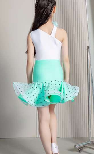 White mint green dot Latin dance Dresses for kids girls slant neck salsa chacha dance costumes class uniforms modern dance outfits - Moderndancedress.com