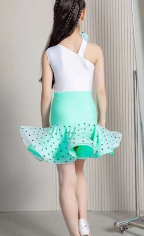 White mint green dot Latin dance Dresses for kids girls slant neck salsa chacha dance costumes class uniforms modern dance outfits - Moderndancedress.com
