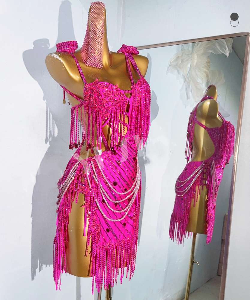 Custom Size Competition Bling Latin Dance Dresses for Women Girls Pink Salsa Rumba Chacha Blackpool Dance Costumes