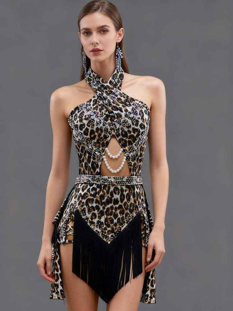 Custom Size Leopard Latin Dance Dresses for Women Girls Salsa Rumba Chacha Latin Dance Competition Performance Costumes
