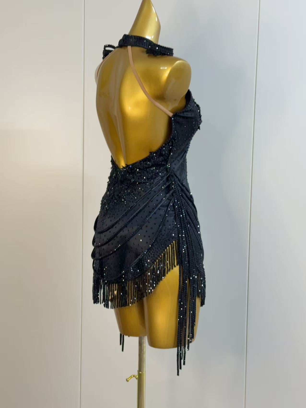 Custom Black Latin Dance Dress with Beaded Fringe - Halter Salsa Wear