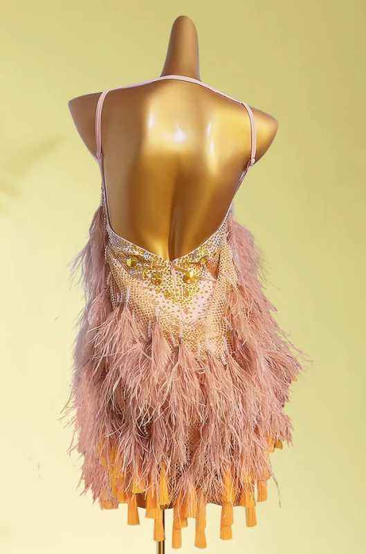Custom Size Blue Ostrich Competition Latin Dance Dresses Fringed Art Test Blackpool Salsa Rumba Chacha Dance Costumes