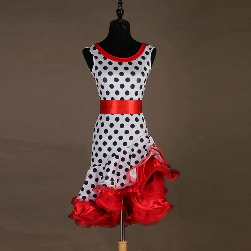 Red hot pink polka dot Latin dress for women girls  sexy three-step professional latin rumba chacha performance dress customizable for children - Moderndancedress.com