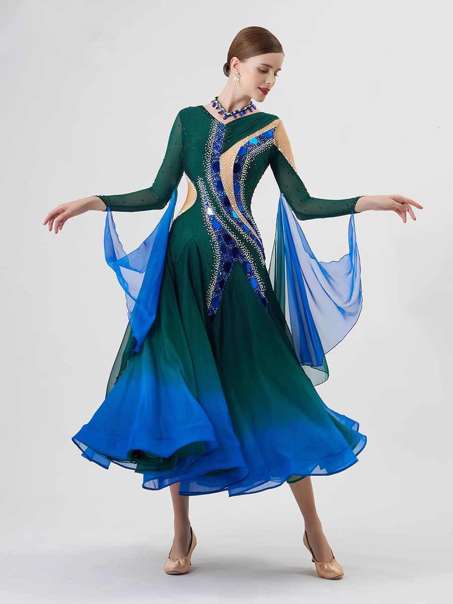 Custom Size Blue Dark Green Competition Ballroom Dance Dresses for Women Rhythm Waltz Tango Smooth Dance Long Gown - Moderndancedress.com
