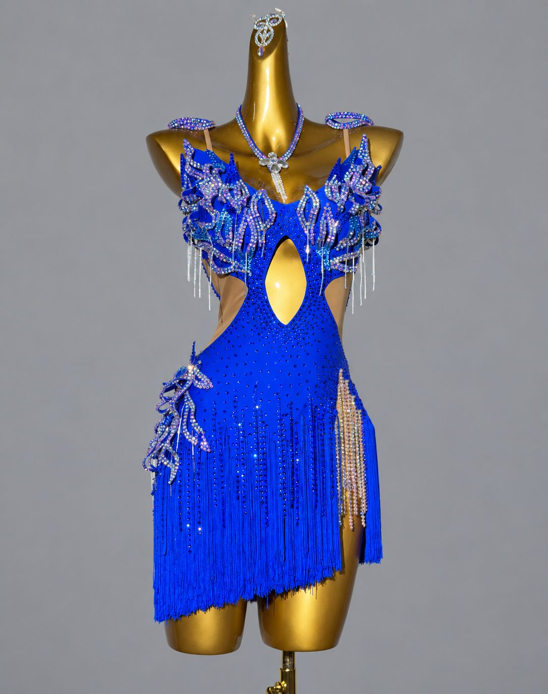 Custom Blue Pink Latin Dance Dress with Crystal Petals Rumba Samba Competition Gown