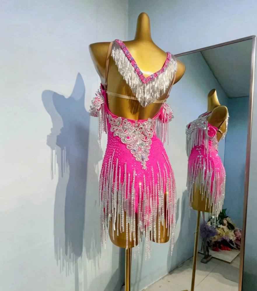 Custom Size Fuchsia Blue Sparkling Competition Latin Dance Dress Salsa Chacha Blackpool Dance Wear