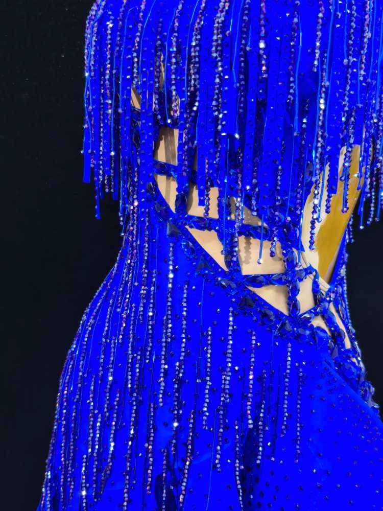 Custom Size Women's Royal Blue Latin Dance Dresses Bling Fringe Salsa Chacha Dance Costumes