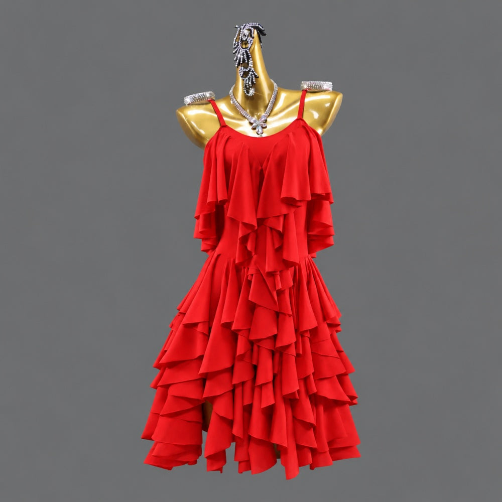 Custom Orange Latin Dance Competition Dress Tiered Ruffle Fringe Salsa Gown