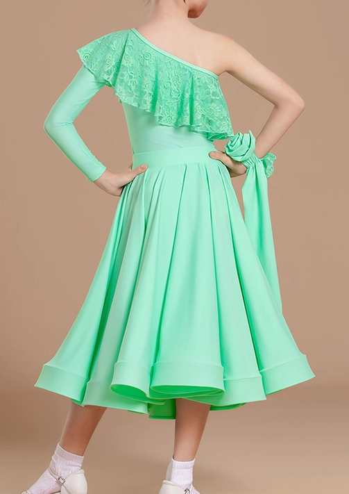 Girls Ballroom Dance Dresses Mint Purple Lace Slant Neck Waltz Tango National Standard Dancing Long Swings Skirts for Kids