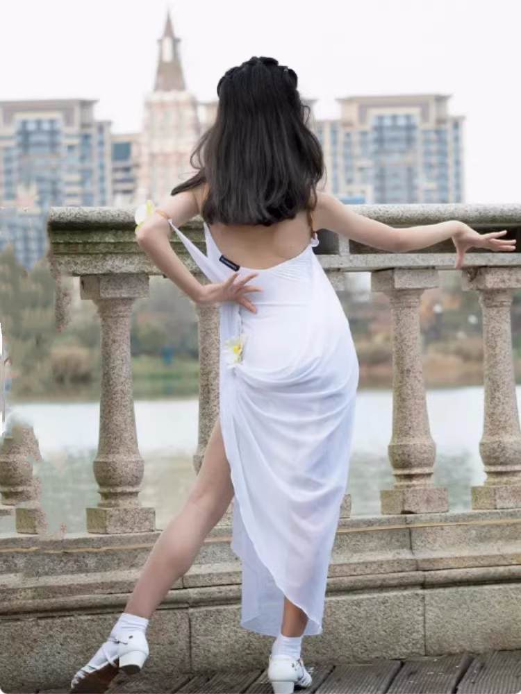 Girls kids white flowy latin dance dresses salsa rumba chacha stage performance costumes for children solo dance flower suit - Moderndancedress.com