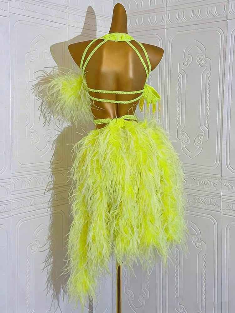 Custom Size Feather Competition Latin Dance Dress Neon Yellow Ballroom  Performance Clothing