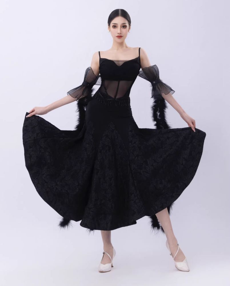 Women Ballroom Dance Dresses Black Feather Waltz Tango Foxtrot Dance Long Gown - Moderndancedress.com