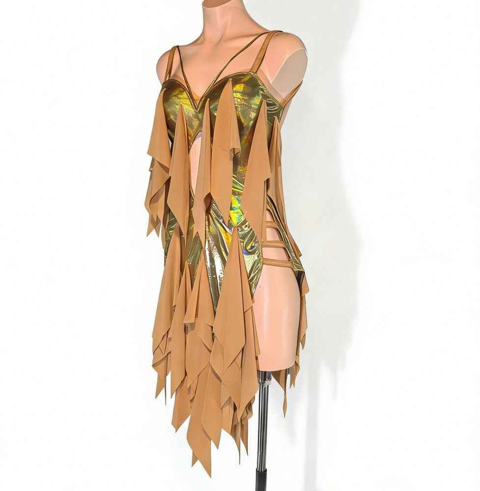 Custom Size Gold Latin Dance Dress Ruffle Fringe Salsa Cha Cha Performance Costume for Women