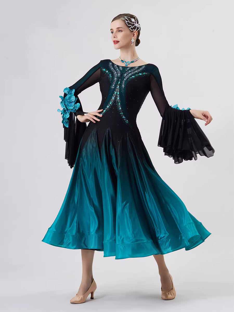 Custom Size Blue Competition Ballroom Dance Dresses for Women Pearl Chiffon National Waltz Tango Long Gown - Moderndancedress.com