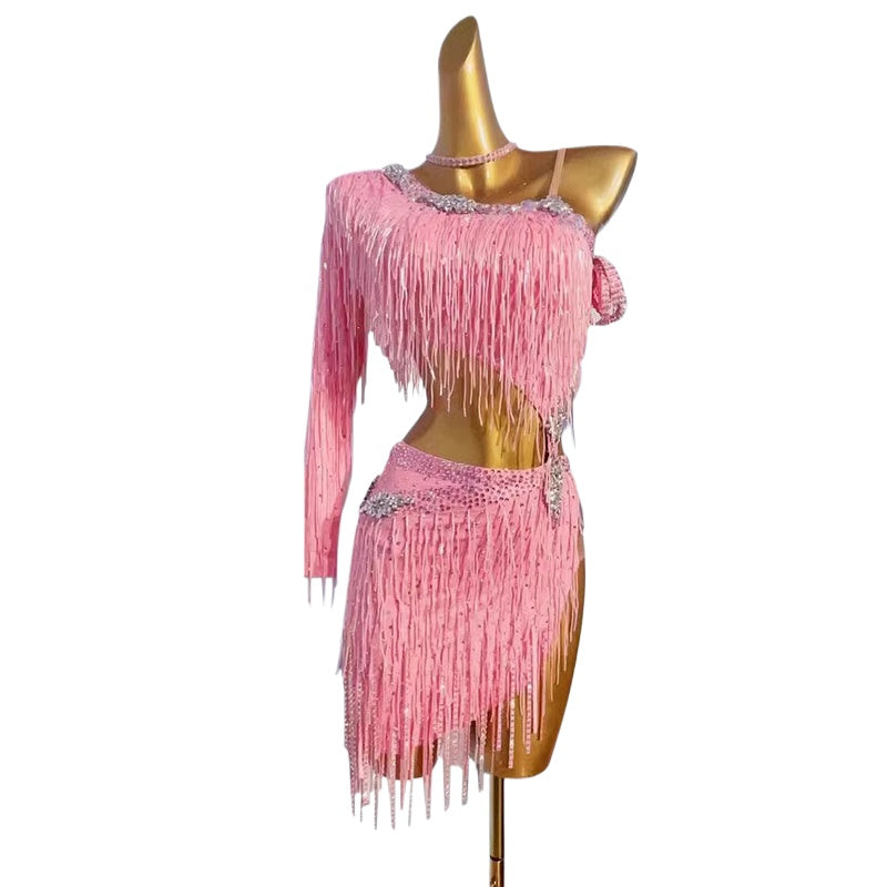 Custom Size Latin Dance Dresses for Women Girls Red Pink Bling Fringe Salsa Rumba Chacha Blackpool Dance Wear - Moderndancedress.com