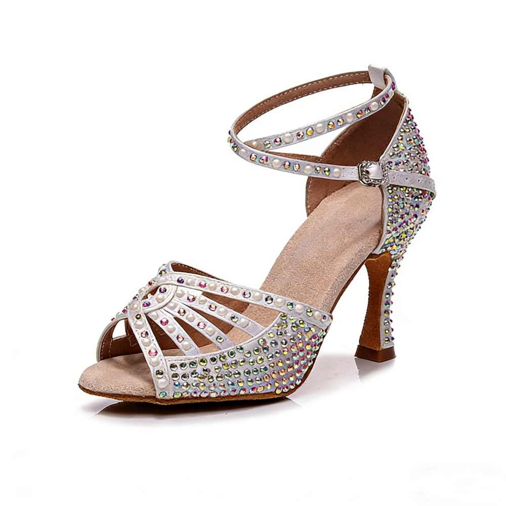 Women's Rhinestones Latin Dance Shoes Flesh white Cha Cha Salsa Tango High Heels Ballroom Dancing Shoes Soft-soled Sandals