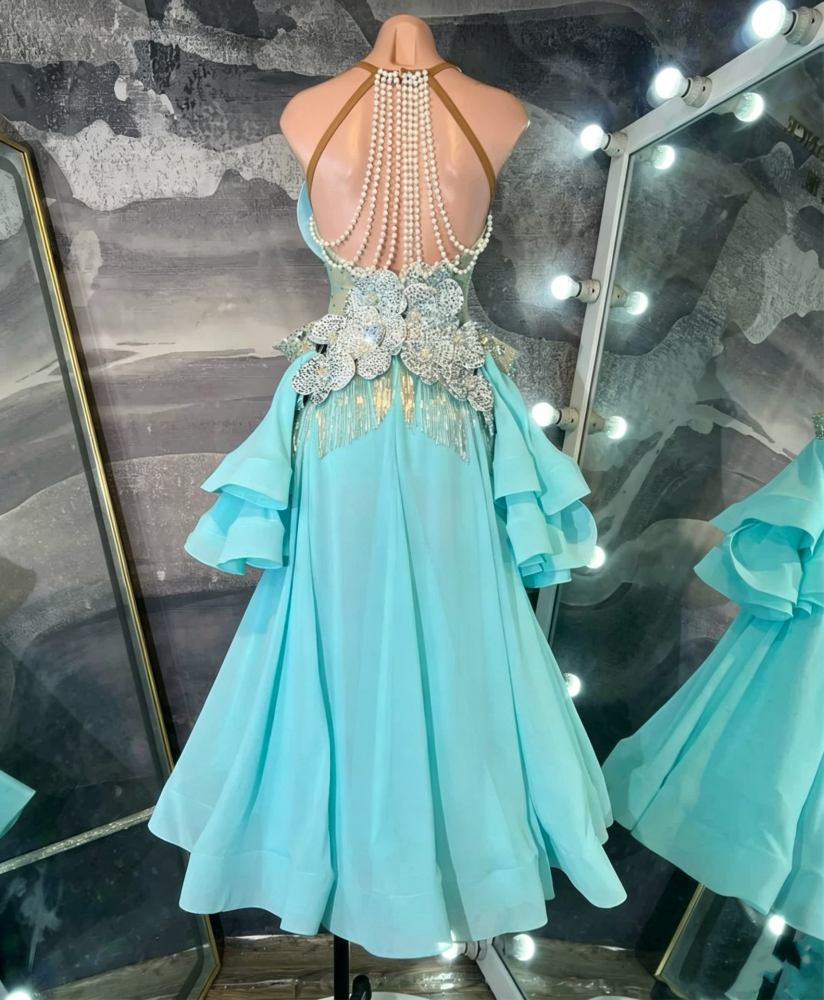 Custom Size Turquoise Petal Bling Fringe Ballroom Dance Dress Ruffle Skirt Waltz Tango Performance Gown