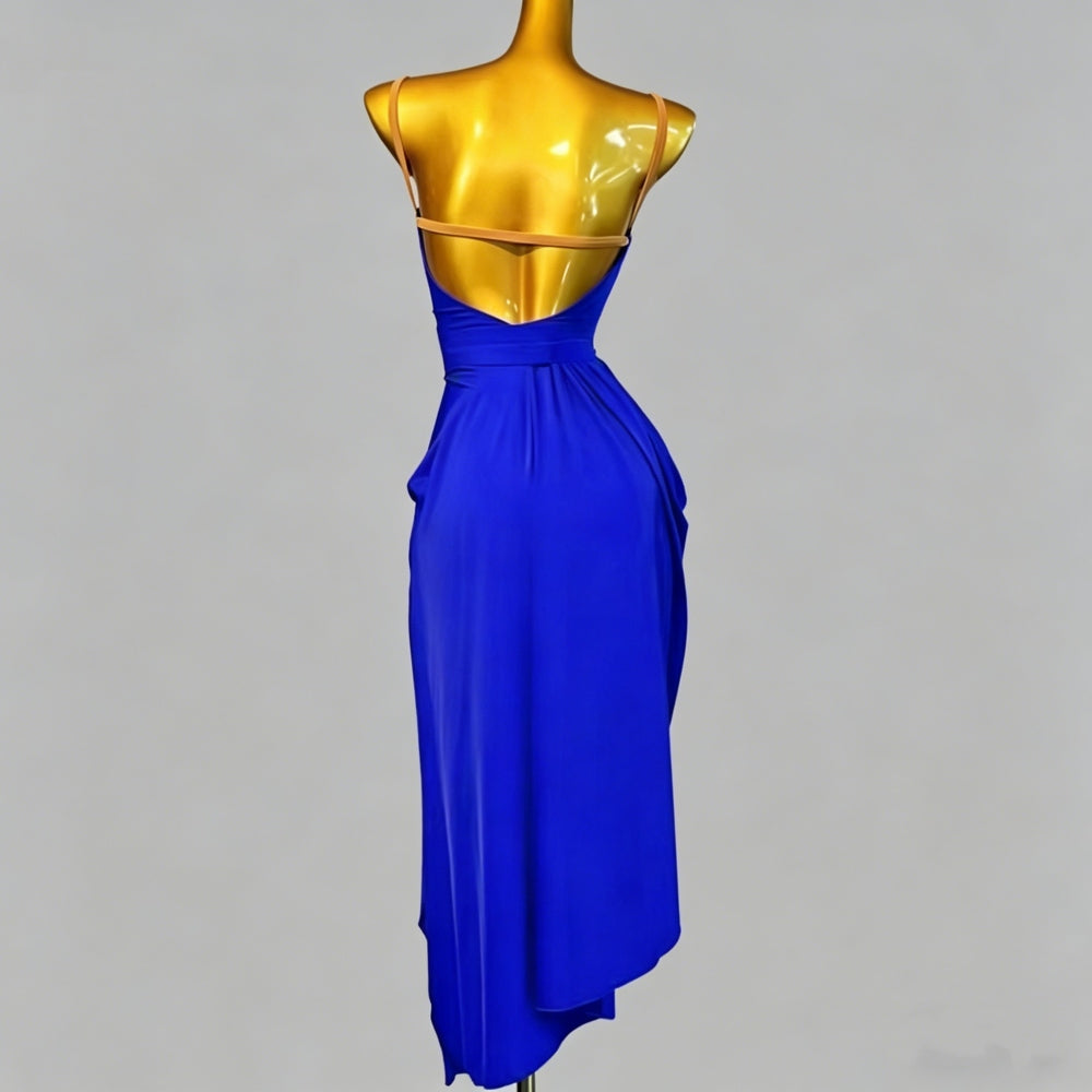 Custom Size Royal Blue Latin Dance Dress - Spaghetti Strap Draped Asymmetric Hem Performance Outfit