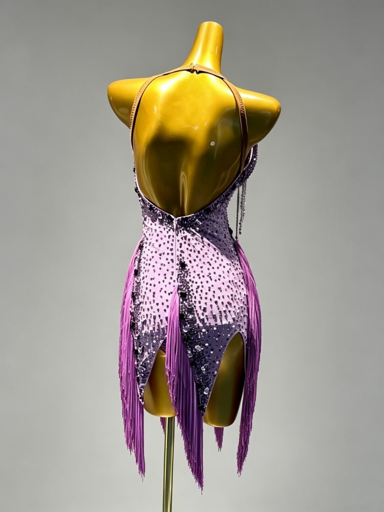 Custom Purple Fringe Latin Dance Dress - Sparkly Rhinestone Rhythm Competition Gown
