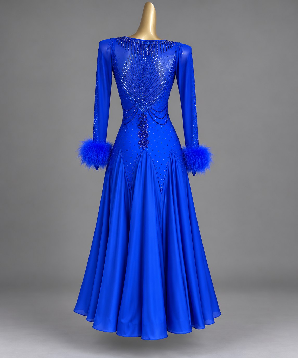 Custom Royal Blue American Smooth Ballroom Dance Dress with Feather Cuffs Satin Skirt