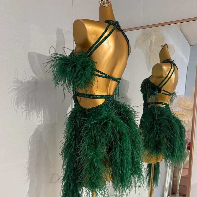 Custom Size Dark Green Feather Competition Latin Dance Dresses Blackpool Dance Wear Salsa Latin Dance Costumes