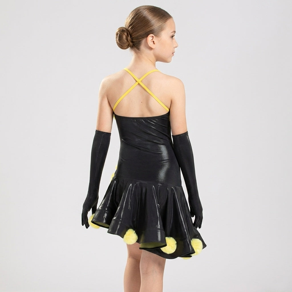 Girls Latin Dance Dress - Black & Yellow Pom Pom Competition Costume