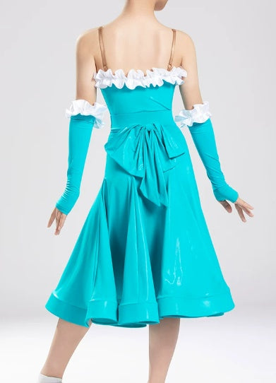 Girls Turquoise Blue Ballroom Dance Dress - Kids Shiny Metallic Latin & Waltz Competition Gown with Sleeves