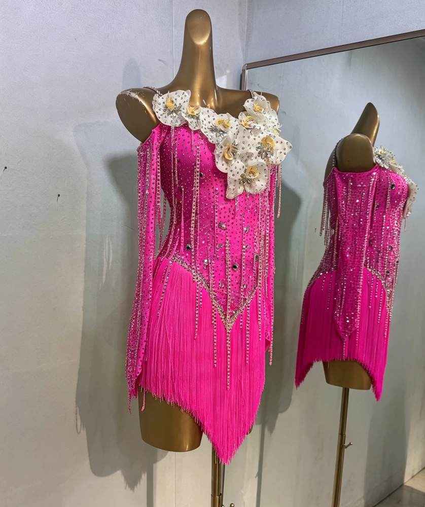 Custom Size Fuchsia Competition Latin Dance Dresses with 3D Flowers Salsa Rumba Dance Costume