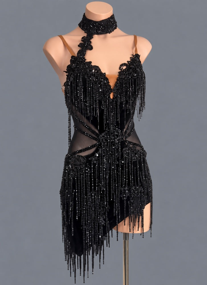 Custom Competition Black Lace Fringe Latin Dance Dress with Crystals