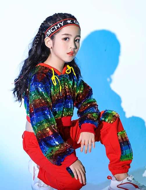 Girls Rainbow Sequins Jazz Dance Costume Hip Hop Street Dance Outfits Rapper Singers Gogo Dancers Drum Set for Kids - Moderndancedress.com